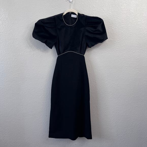REBECCA VALLANCE PUFF SHOULDER MIDI DRESS IN BLACK SIZE 4 - Picture 5 of 16